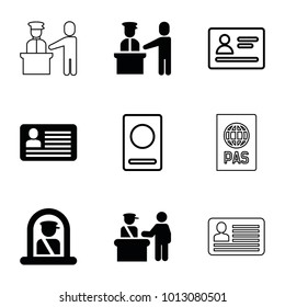Passport icons. set of 9 editable filled and outline passport icons such as pass control, airport officer