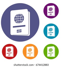 Passport icons set in flat circle reb, blue and green color for web