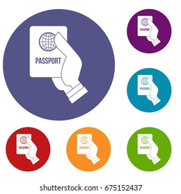 Passport icons set in flat circle reb, blue and green color for web