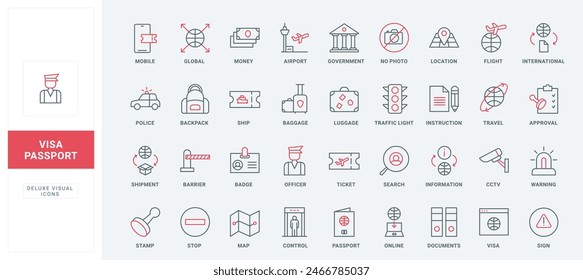 Passport and ID card, business and tourist visa, legal identification in country line icons set. Documents with information and photo, stamp thin black and red outline symbols vector illustration