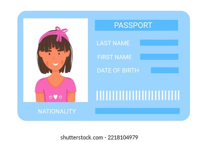 Passport id card for kids with photo in cartoon style