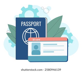 Passport and ID card. Personal documents for identity verification. Passport and drivers license, permission. Boarding and citizenship documents. Flat vector illustration