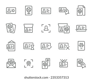 Conjunto de iconos de Passport e ID. Recogida integral para verificación de identidad y viajes. tarjetas de identificación, pasaportes, biometría, tecnología de chips, cheques de documentos y más. Perfecto para el diseño web.