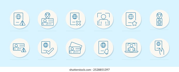 Passaporte e ícone do conjunto de IDs. Passaporte com alerta, verificado, rejeitado, digitalizado, estrelado, cordão, passaporte com cruz, passaporte verificado, documento com alerta