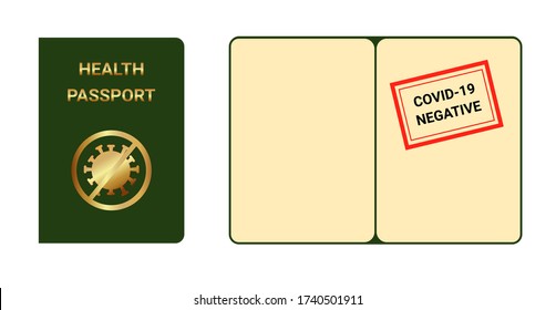 Passport of immunity. Health passport. It is closed and opened. It has a stamp that the test for coronovirus is negative. Stamp in the passport that there is no coronovirus. 
