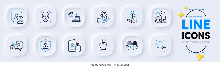 Passport-, Inspect- und Einkommens-Geldlinien-Symbole für Web-App. Paket Support Chat, Inklusion, Video-Konferenz-Piktogramm-Symbole. Gesichtserkennung, Touchscreen-Geste, Heimwerkerbeschilderung bearbeiten. Vektorgrafik