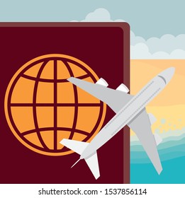 passport international document with airplane vector illustration design