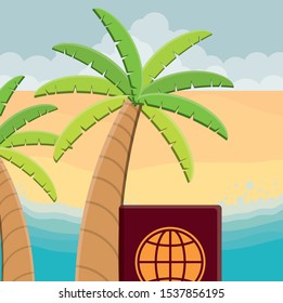 passport international document with trees palms vector illustration design