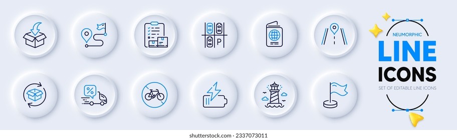 Passport, Inventurcheckliste und Paketzeilensymbole für Web-App zurückgeben. Pack of Light House, Road, Meilenstein Piktogramm Symbole. Parkplatz, Fahrt, Akkuzeichen. Lieferrabatt. Vektorgrafik