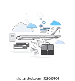 Passport Luggage Airplane Departure Transportation Air Tourism Web Banner Vector Illustration