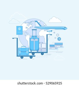 Passport Luggage Airplane Departure Transportation Air Tourism Web Banner Vector Illustration