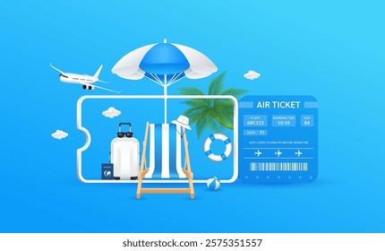 Passport luggage bag hats glasses in ticket. Deck chair umbrellas are in front. Airplane clouds floating around. Air travel and tourism concept. Vector EPS10 illustration.