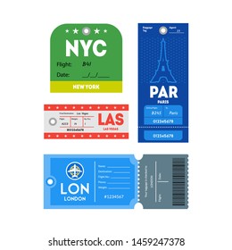 Passport and Luggage Cardboard Tags Color Set Symbol of Tourism for App and Web Design. Vector illustration of Travel Labels