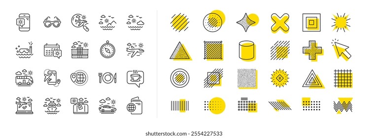 Passport, Luggage, Check in airport icons. Design shape elements. Travel line icons. Airplane flight, Sunglasses, Hotel building. Passport check in document, Sea diving. Vector