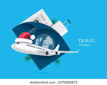 Passport, luggage, pine needles, and passenger plane wearing Santa hat take off. They were all floating in mid-air for Christmas travel design, vector 3d isolated for logistics, transport advertising