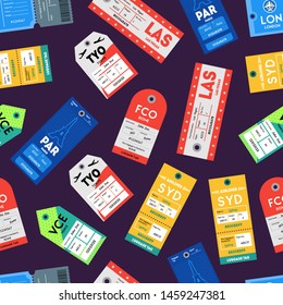 Passport and Luggage Tags Color Seamless Pattern Background Symbol of Tourism for App and Web Design. Vector illustration of Travel Labels