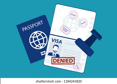 Passport of a man male with the red stamp denied on travel visa on it refused entry visa concept isolated on blue background. Eps  Vector illustration Minimal white blue flat business modern style.