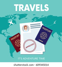 Passport and map of the world drawn in a flat style. Vector illustration. Travels.