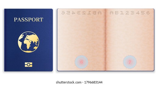Passport mockup. Realistic blank open pages paper with watermark foreign passport, document cover with globe, id tourist, vector template for traveling, personal immigration, data info
