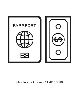 Passport with money banknote. Flat simple design. Line Vector. Isolate on white background.