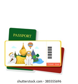 Passport and myanmar tourist ticket on white background.