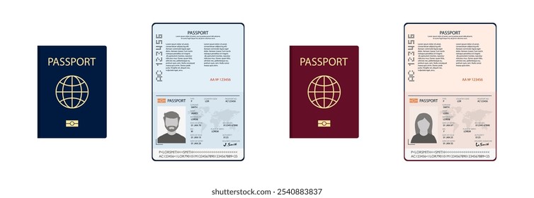 Capa de documento aberta e fechada do passaporte, id para viagem. Modelo em branco homens e mulher id internacional. Vetor isolado plano