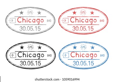 Passport oval stamps with date. Chicago, USA. Colored set. Vector illustration isolated on white background