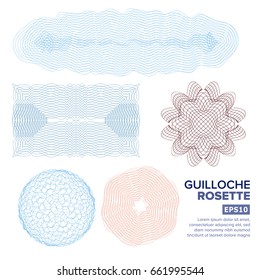 Passport Page Guilloche Rosette Set Vector. Decorative Page Abstract Stamp Rosette Elements For Diploma, Certificate, Money, Passport. Watermark Guilloche Background Pattern. Vector Illustration.