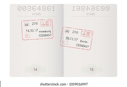 Passport pages with german stamps. Hamburg and Berlin ink stamps. Vector illustration