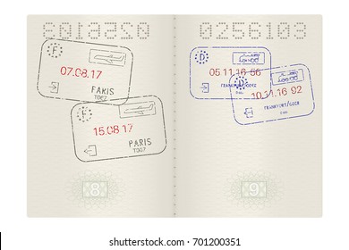 Passport pages with international stamps. Vector 3d illustration isolated on white background