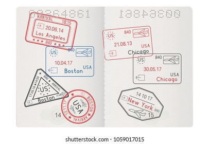 Passport pages with stamps of main USA cities. Arrival and departures with date. Vector illustration