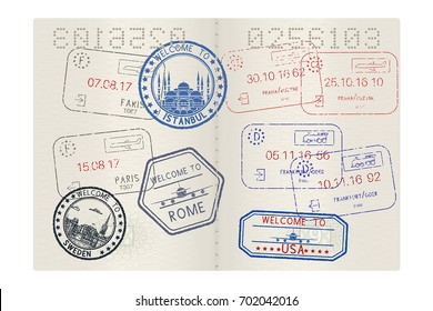 Passport pages with tourist international stamps. Vector 3d illustration