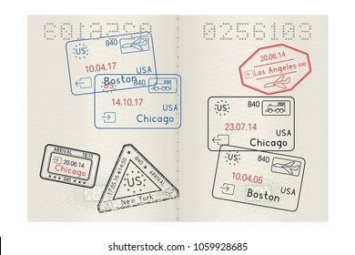 Passport pages. With USA cities stamps. Vector 3d illustration