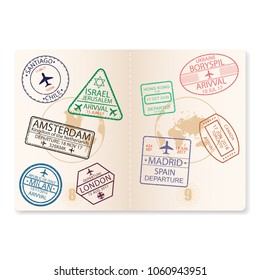 Passport pages with visa stamps. Document with airport sign for flying on airplane, travel. Vector illustration.