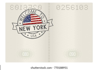 Passport pages with Welcome to New York, USA travel stamp. Vector illustration