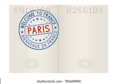 Passport Pages With Welcome To Paris Stamp. Tourist Colored Sign. Vector 3d Illustration