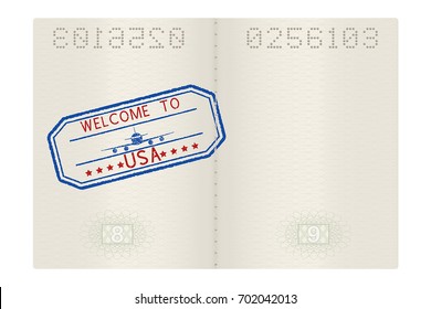 Passport pages with Welcome to USA stamp. Tourist sign. Vector 3d illustration
