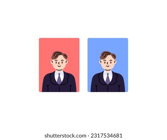Passport photo. Photo illustration of a man wearing formal attire with a red and blue background. handsome and cool. wear a suit and tie. Flat and minimalist illustration design. vector elements