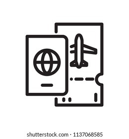 Passport and plane ticket. Isolate on white background. Line Vector.