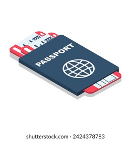 Passport and plane tickets. Passport documents. Passport for travel and tourism.Personal identification. Vector illustration isometric design. Isolated on a white background.