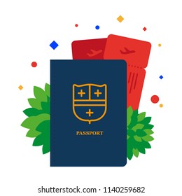 Passport plane tickets flat. It's time to go on a journey. Vector illustration. Separate objects. Isolate.