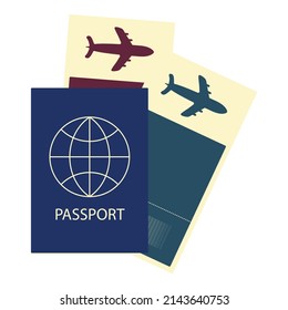 Passport and plane tickets isolated on white background. Concept icons travel and tourism. Vector flat illustration.