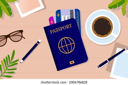 Pasaporte y billetes de avión en la mesa - Listo para viajar en vacaciones temprano por la mañana con café. Ilustración del vector
