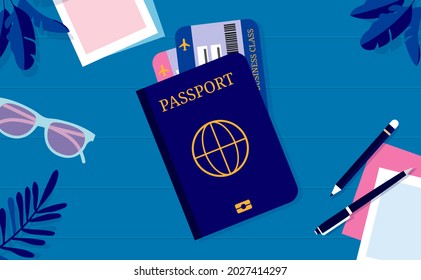 Pasaporte y billetes de avión sobre la mesa - Listos para viajar en el concepto de vacaciones. Ilustración del vector