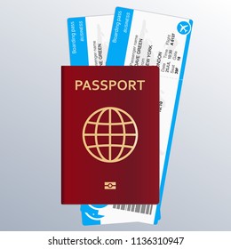 Passport with plane tickets. Travel by plane concept with 2 boarding pass or airplane tickets. Vector illustration.