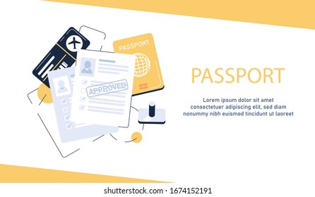 Pasaporte y billete de avión,Icono plano de pasaportes de marca,Icono de pasaje de embarque,Icono de diseño plano ilustración vectorial