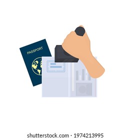 Passport. Put a stamp in the document that blows through the illustrations