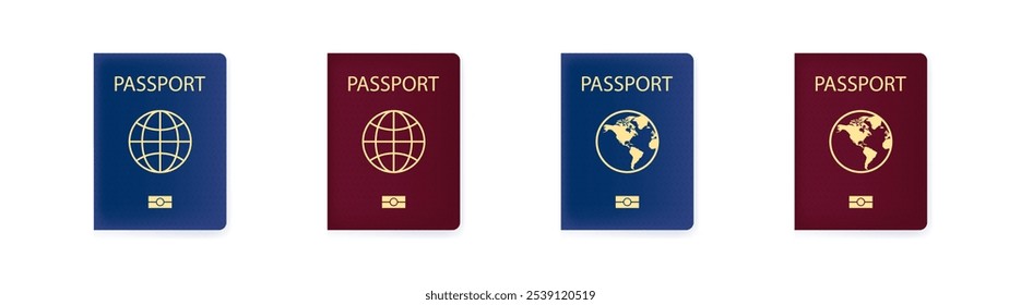 Passport, realistic passport covers template. Document for travel and immigration set. Isolated vector
