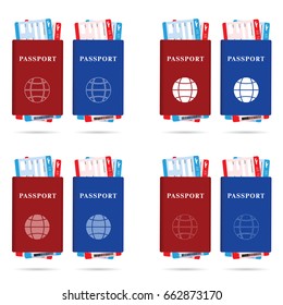 passport red and blue with ticket different and globe
