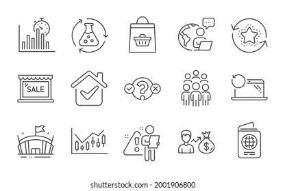 Passport, Report timer and Sallary line icons set. Group people, Sale and Financial diagram signs. Loyalty points, Chemistry experiment and Arena symbols. Line icons set. Vector